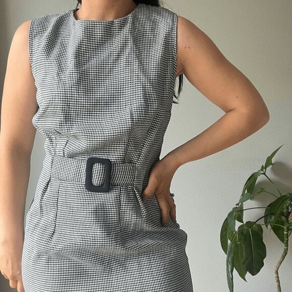Vtg deadstock 90s Marnie West black‎ white houndstooth fitted belt dress size 10 - Picture 3 of 8